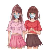 Mädchen mit Gesichtsmasken Anime Charaktere vektor