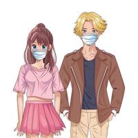 junges Paar mit Gesichtsmasken Anime Charaktere vektor