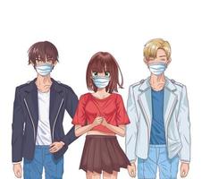junge Leute mit Gesichtsmasken Anime Charaktere vektor