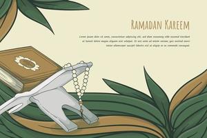 Ramadan kareem Vorlage mit Koran und Gebet Perlen Vorlage im Karikatur Blatt Hintergrund Design vektor