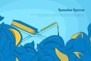 blå bakgrund av ramadan kareem design med löv och qur'an i hand dragen tecknad serie design vektor