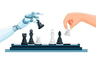 Roboter vs. Mensch spielen Schach Spiel. künstlich Intelligenz Technologie Symbol Karikatur Illustration Vektor