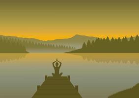 Yoga auf das See im das Berge beim Sonnenuntergang. Vektor Illustration