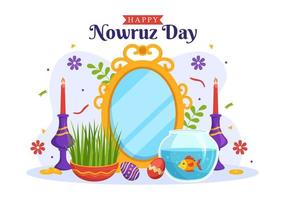 glücklich nowruz Tag oder iranisch Neu Jahr Illustration mit Gras Samen und Fisch zum Netz Banner oder Landung Seite im eben Karikatur Hand gezeichnet Vorlagen vektor