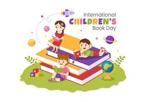 internationell barns bok dag på april 2 illustration med barn läsning eller skrivning böcker i platt tecknad serie hand dragen för landning sida mallar vektor