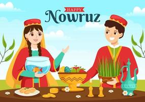 glücklich nowruz Tag oder iranisch Neu Jahr Illustration mit Gras Samen und Fisch zum Netz Banner oder Landung Seite im eben Karikatur Hand gezeichnet Vorlagen vektor