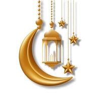 Halbmond Mond, Laterne und Star hängend im 3d golden Farbe. dekorativ Vektor Elemente zum Muslim Feiertage. isoliert auf ein Weiß Hintergrund