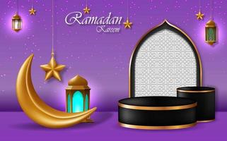 Ramadan kareem Gruß Karte Vektor. islamisch Urlaub Feier Banner. Podium Aussicht mit aufwendig Halbmond Mond, Laterne und Stern. realistisch 3d Illustration vektor