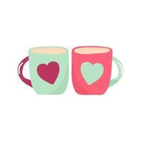 vektor bild av en par av te muggar med de bild av hjärtan. i rosa och turkos. hand dra stil