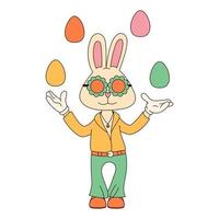 groovig Hippie glücklich Ostern Charakter. Ostern Hase im modisch retro 60er Jahre 70er Jahre Karikatur Stil. vektor