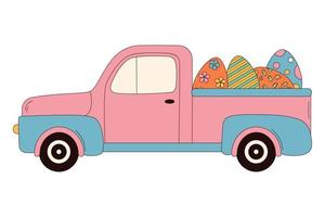 groovig Hippie glücklich Ostern. Ostern Ei LKW im modisch retro 60er Jahre 70er Jahre Karikatur Stil. vektor