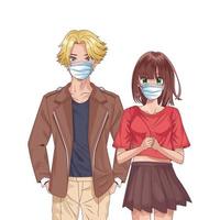 junges Paar mit Gesichtsmasken Anime Charaktere vektor