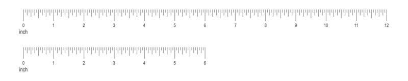 6 und 12 Zoll oder 1 Fuß Lineal Rahmen mit Zahlen. horizontal Messung Diagramm mit Markup vektor