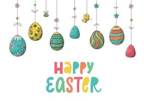 glücklich Ostern Beschriftung Zitat dekoriert mit hängend Eier auf Weiß Hintergrund. gut zum Banner, Einladungen, Vorlagen, Gruß Karten, Poster, usw. eps 10 vektor
