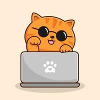 orange tabby katt spelar bärbar dator tecknad serie Häftigt glasögon - orange randig fitta katt pott vektor
