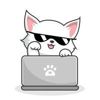 Weiß Katze spielen Laptop Notizbuch - - süß Weiß Muschi Katze cool mit Brille vektor