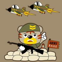 komisch Katze Soldat halten Waffe mit fliegend Kämpfer Jet, Vektor Karikatur