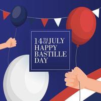 bastille dag firande kort med fransk flagga och ballonger vektor