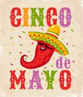 Vektor Poster auf alt Papier zum cinco de Mayo mit rot Mexikaner Chili. Chili im Sombrero. cinco de Mayo festlich.