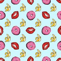 Design zum Stoff. Pop Kunst Muster.Vektor nahtlos Muster mit Bananen und Donuts auf ein Blau Hintergrund. vektor