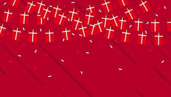 Danmark firande flaggväv flaggor med konfetti och band på röd bakgrund. vektor illustration.