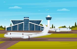 Flugzeug Flugzeug in Landebahn Flughafenterminal Gebäude Landschaft Skyline Illustration
