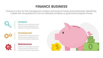 Geschäft Finanzen mit Schweinchen Bank Infografik Konzept zum rutschen Präsentation mit 3 Punkt aufführen und Vertikale Orientierung vektor