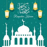 ramadan kareem gratulationskort bakgrundsvektordesign, islamiska helgdagar, med stjärnlampa moskédesign och arabisk skrift vektor