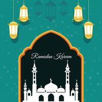ramadan kareem gratulationskort bakgrundsvektordesign, islamiska helgdagar, med stjärnlampa moskédesign och arabisk skrift vektor