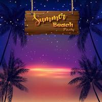 Sommer- Strand Party. tropisch Palme Bäume und hölzern Zeichen beim Nacht Hintergrund vektor