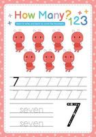 Zahlen Rückverfolgung Vorlage durch Zählen Baby Tier Nummer 7 vektor