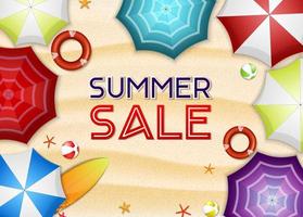 Sommer- Verkauf Hintergrund mit Weiß Papier zum Text, Muscheln, Strand Ball, Perlen, und Preis Etikett vektor
