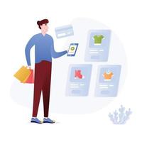 Person Einkauf online Produkte, eben Illustration von online Einkaufen vektor