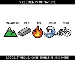 fem element natur vektor ikon. berg, järn, brand, vatten och vind