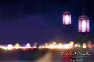 Marhaban ya Ramadan. Ramadan kareem Gruß auf verschwommen Hintergrund mit schön beleuchtet Arabisch Laterne vektor
