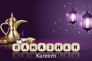 Ramadan kareem Hintergrund. iftar Party mit traditionell Kaffee Topf, getrocknet Termine und Laternen hängend im ein lila glühend Hintergrund vektor