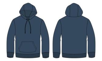 Langarm Hoodie technische Mode flache Skizze Vektor Illustration marineblaue Farbvorlage Vorder- und Rückansichten isoliert auf weißem Hintergrund.