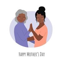 Mütter Tag Feier. glücklich Alten afrikanisch amerikanisch Frau und lächelnd Erwachsene Tochter zusammen. Gruß Karte. Vektor eben Illustration zum Mütter Tag