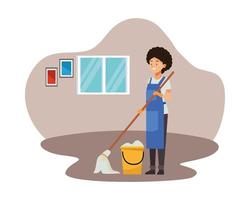 kvinnlig hushållsarbetare med mopp och hink vektor