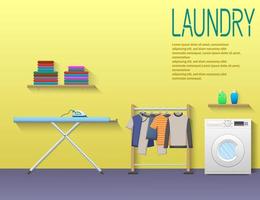 tvätt rum illustration med tvättning maskin, strykning styrelse, kläder kuggstång vektor