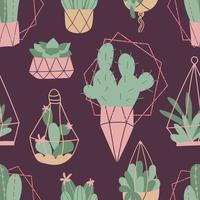 vektor sömlös mönster med mysigt söt kaktus och saftig och glitter geometrisk ramar. Hem trädgårdsarbete. hus växter. botanik dekoration. blommig design i tecknad serie platt stil. botanisk mönster.