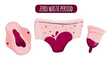 Null Abfall Menstruation Zeitraum Menstruation- Tasse und wiederverwendbar Pad, Unterwäsche Höschen. Vektor Illustration. wiederverwendbar Öko freundlich Konzept.