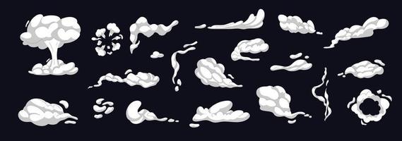Rauch und Staub Wolke Satz. Karikatur Rauch Wolken. explodiert bewirken Frames Satz. Sammlung von isoliert Symbole von Luft Pfad, Staub, Explosion. Rauch Explosion Sprite Elemente isoliert auf schwarz Hintergrund vektor