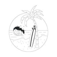 Abzeichen mit Meer, Palme und Surfbrett im Kreis. Umriss-Vektor-Illustration. das Konzept des Surfens. vektor
