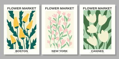 blomma marknadsföra affisch uppsättning. abstrakt blommig illustration. botanisk vägg konst samling, årgång affisch estetisk. vektor illustration
