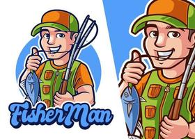 Fischer Mann Maskottchen Karikatur Logo. Mann Charakter Beruf Logo vektor