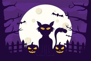 katt på halloween natt bakgrund. kuslig katt bakgrund visas på halloween natt. katt och pumpa fira skrämmande halloween natt tillsammans. vektor