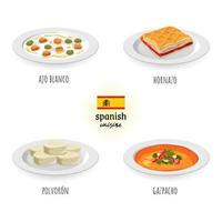 spanska kök ajo blanco, polvoron, hornazo, och gazpacho i vit isolerat bakgrund. mat begrepp vektor illustration