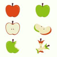 olika former av röd och grön äpplen. hand dragen av en hela, en halv, skivor, biten, och ett äpple kärna vektor