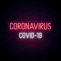 Coronavirus Neon Schild. Covid-19 helle helle Inschrift auf dunklem Backsteinmauerhintergrund. vektor